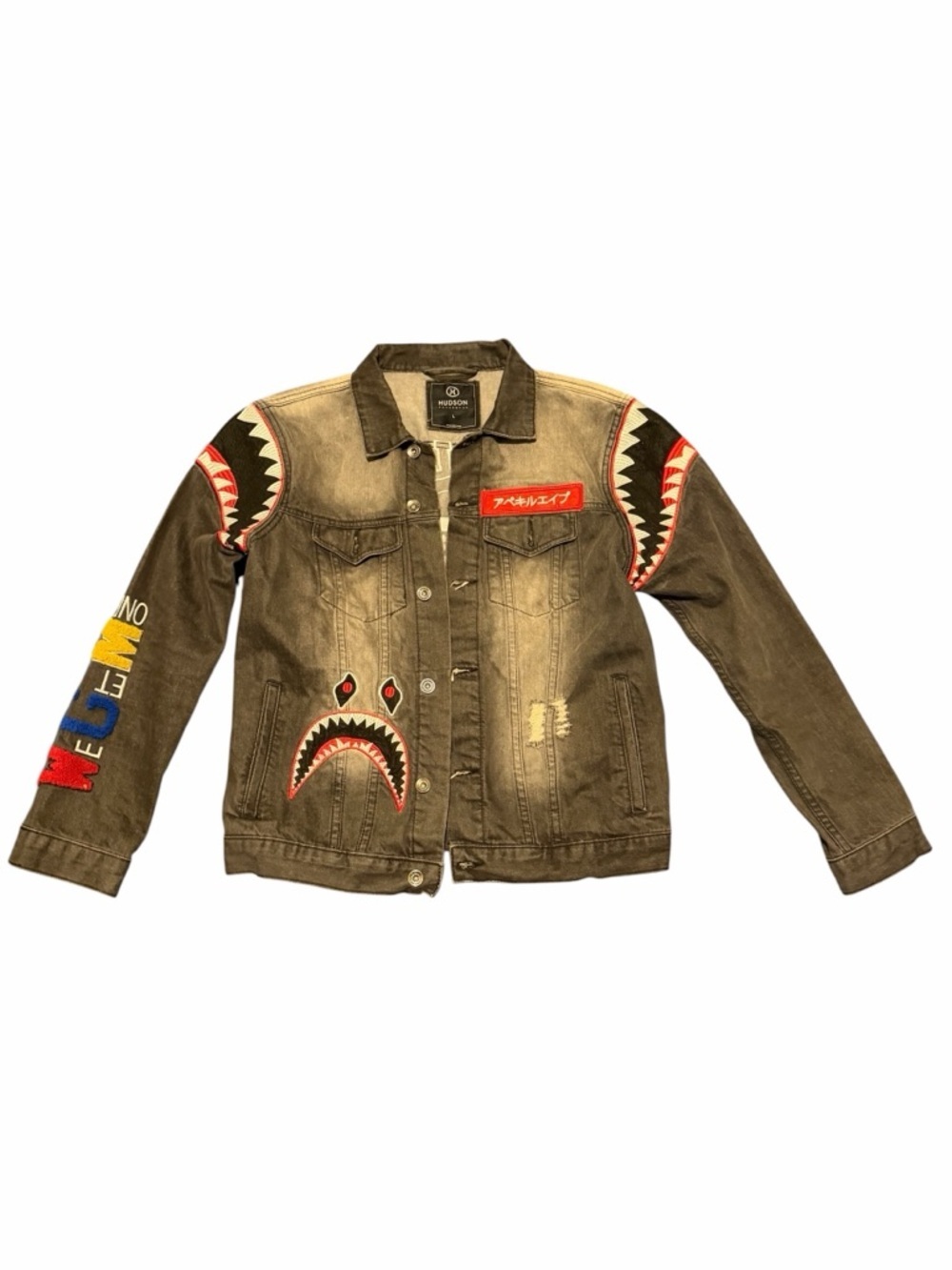 Hudson Jeans black men Denim Jacket with Shark Patch Accents, pre-owned, - Picture 10 of 13